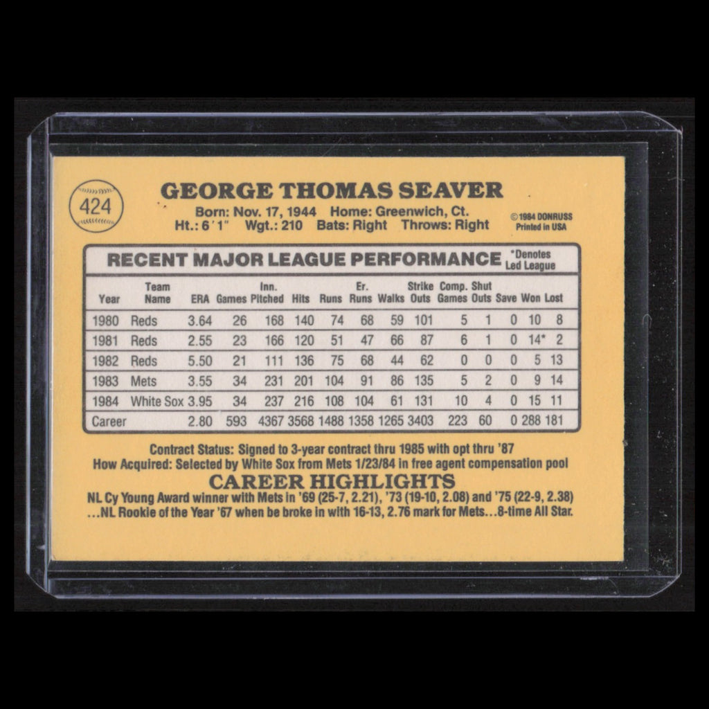 Tom Seaver #424 1985 Donruss Chicago White Sox Baseball Card MLB NM