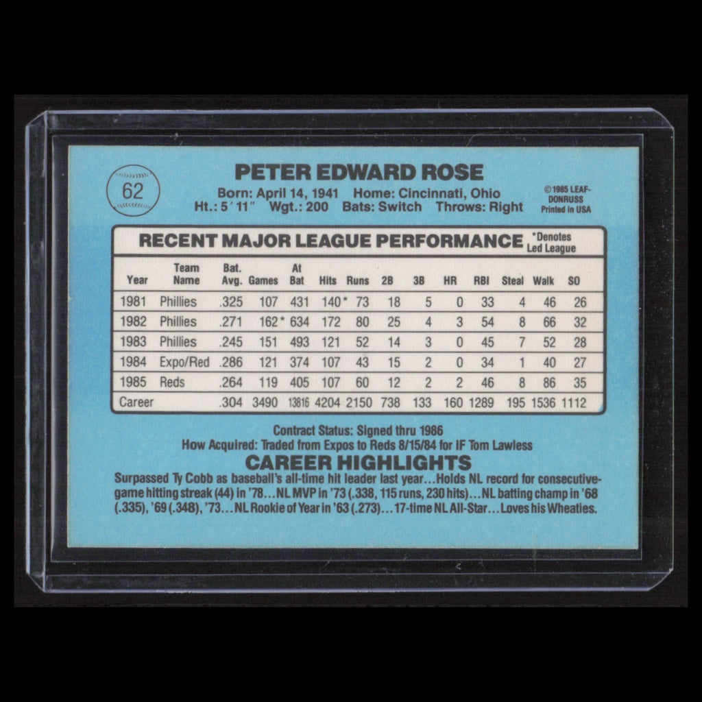 Pete Rose #62 1986 Donruss Cincinnati Reds Baseball Card MLB NM