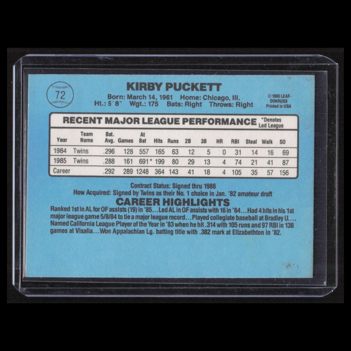 Kirby Puckett #72 1986 Donruss Minnesota Twins Baseball Card MLB NM