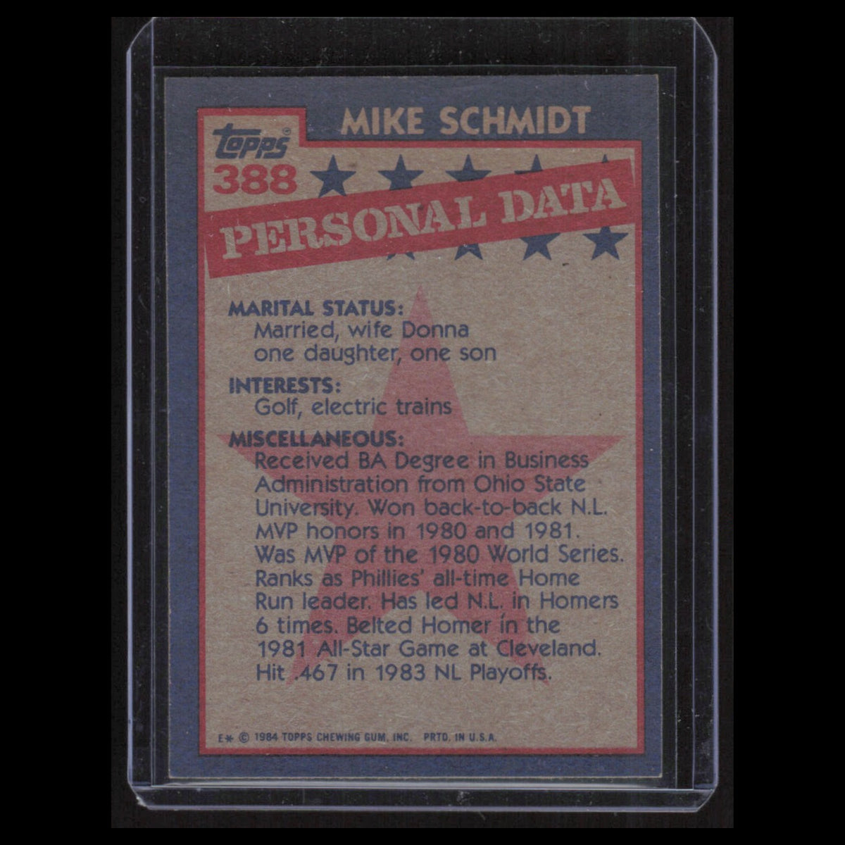 Mike Schmidt #388 1984 Topps Philadelphia Phillies Baseball Card MLB NM