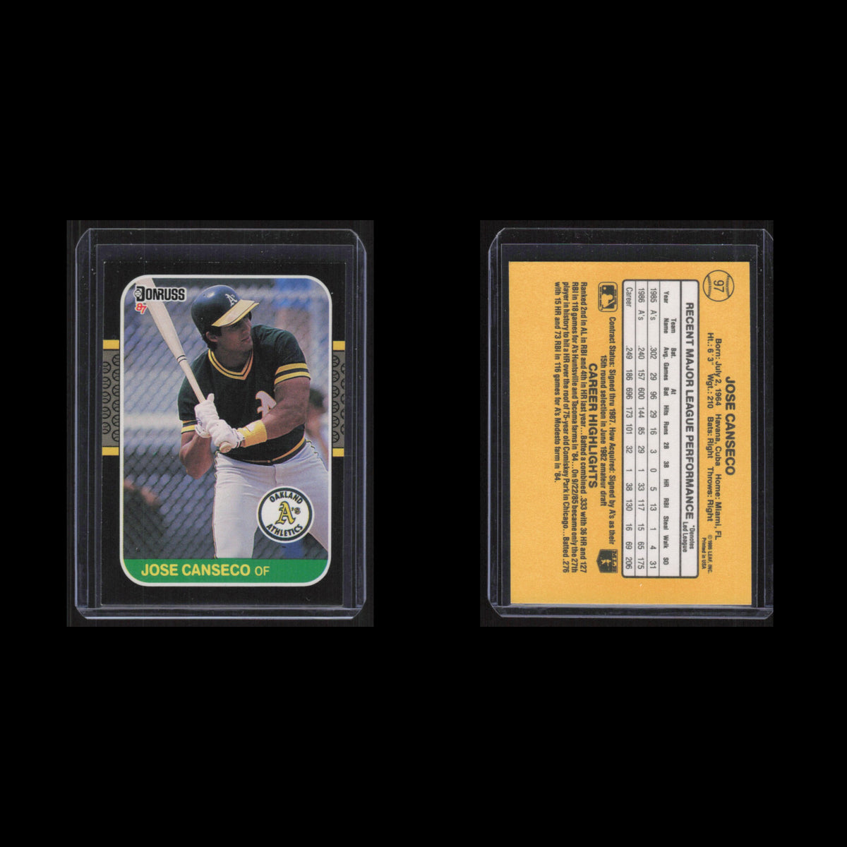 Jose Canseco #97 1987 Donruss Oakland Athletics Baseball Card MLB NM