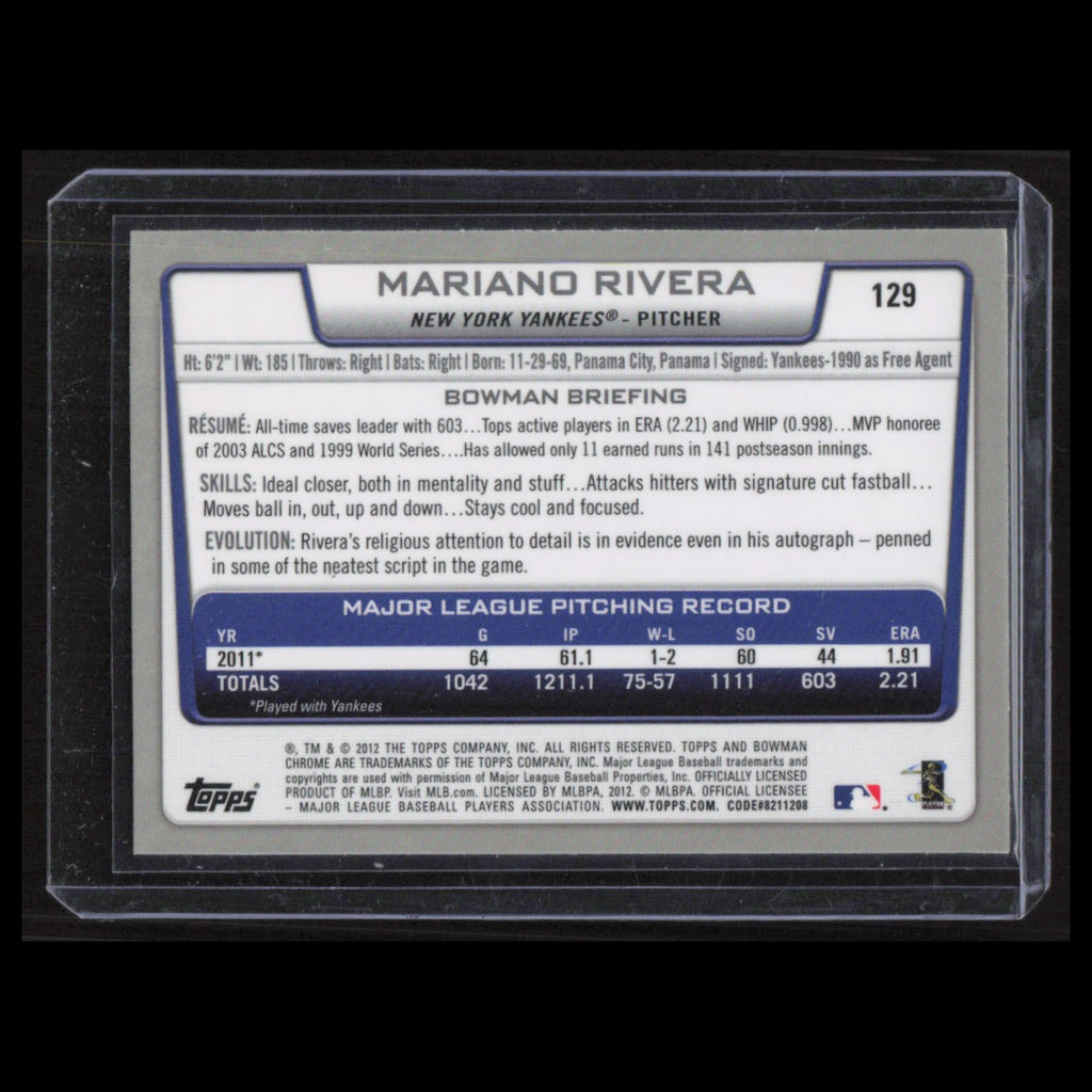 Mariano Rivera #129 2012 Bowman Chrome New York Yankees Baseball Card MLB NM