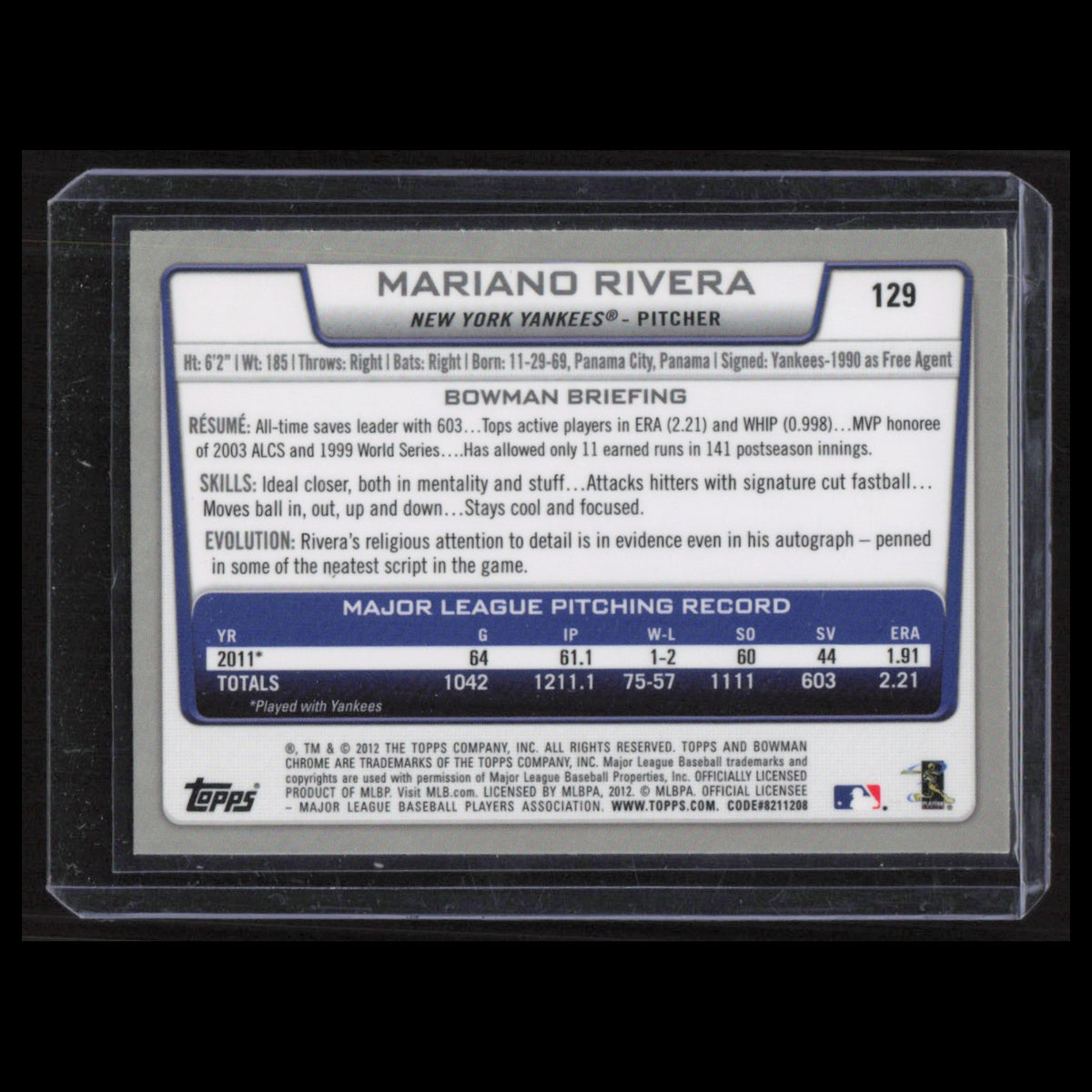 Mariano Rivera #129 2012 Bowman Chrome New York Yankees Baseball Card MLB NM