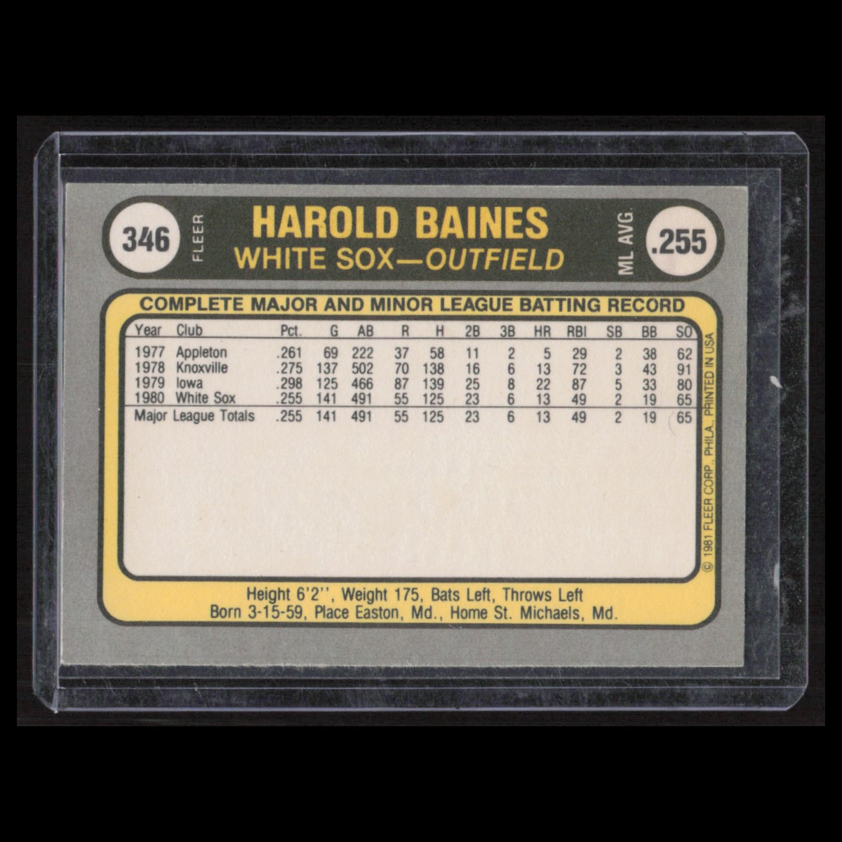 Harold Baines Rookie #346 1981 Fleer Chicago White Sox Baseball Card MLB NM