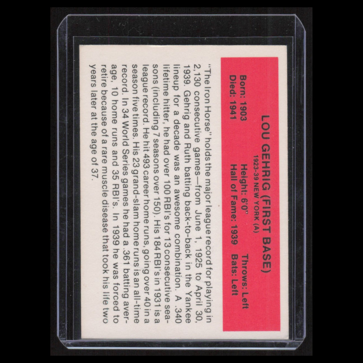 Lou Gehrig #NNO 1986 Baseball All-Time Greats New York Yankees Baseball Card MLB