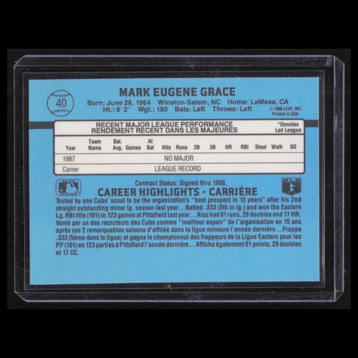 Mark Grace Rookie #40 1988 Leaf Chicago Cubs Baseball Card MLB NM