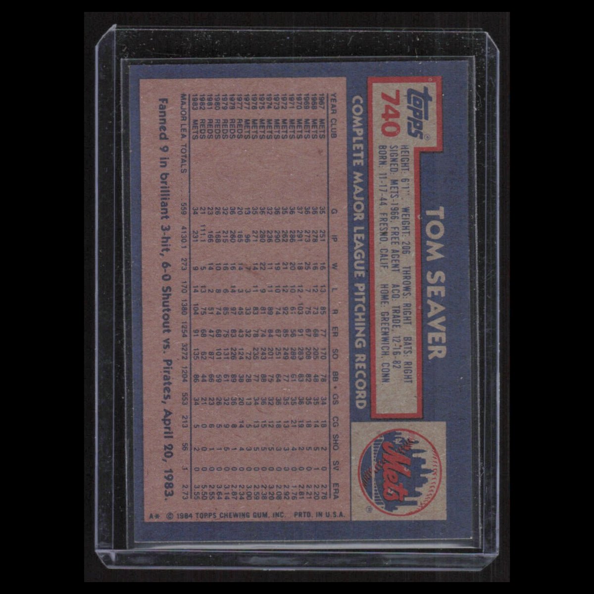 Tom Seaver #740 1984 Topps New York Mets Baseball Card MLB NM