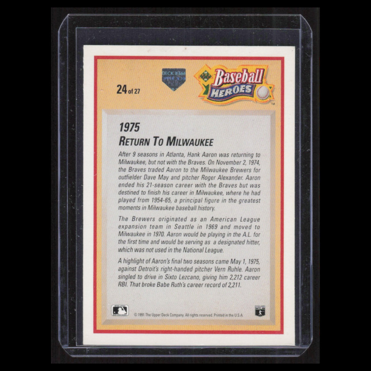 Hank Aaron #24 1991 Upper Deck Baseball Heroes Hank Aaron Milwaukee Brewers Card