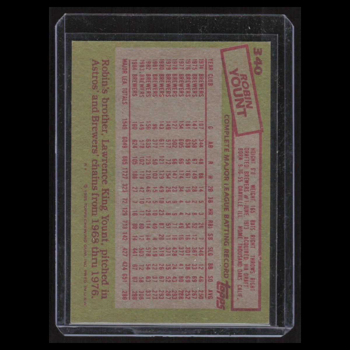Robin Yount #340 1985 Topps Milwaukee Brewers Baseball Card MLB NM