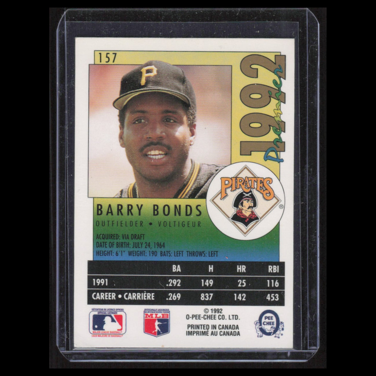 Barry Bonds #157 1992 O-Pee-Chee Premier Pittsburgh Pirates Baseball Card MLB NM