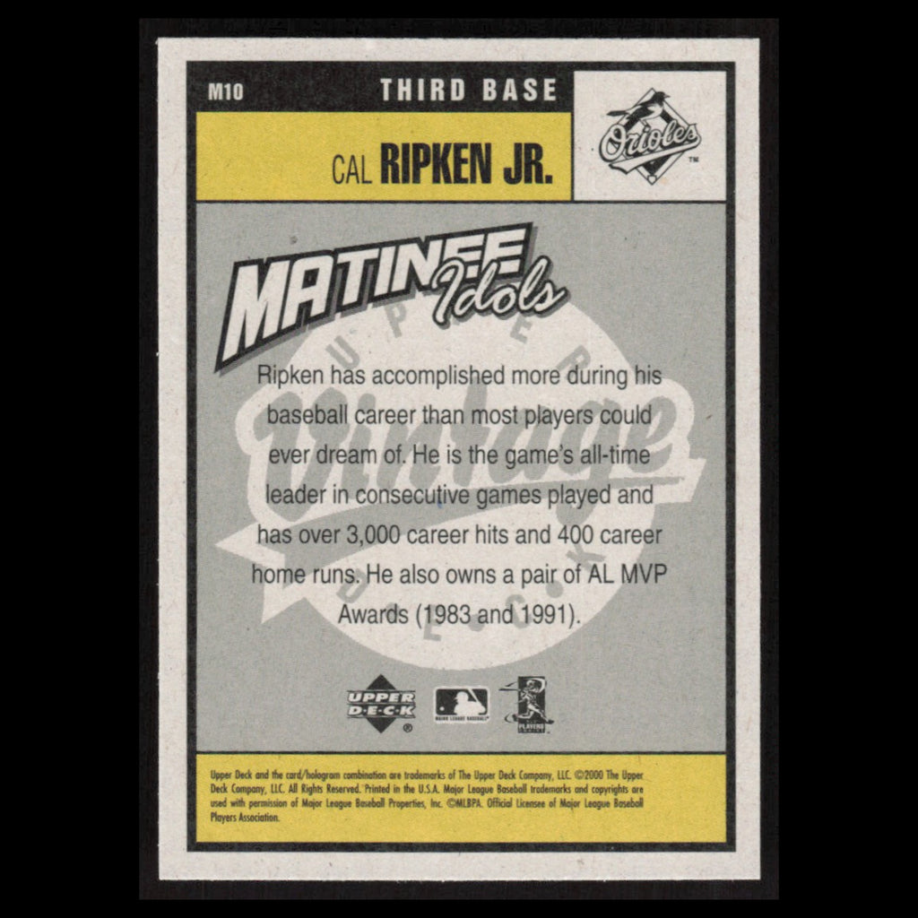 Cal Ripken Jr #M10 2001 Upper Deck Vintage Matinee Idols Baltimore Orioles Card