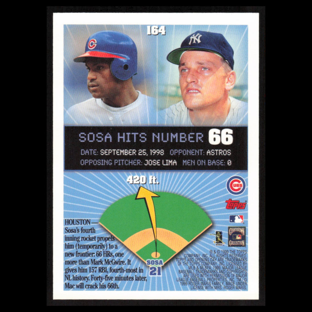 Sammy Sosa HR 66 #164 1999 Topps Opening Day Chicago Cubs Baseball Card MLB NM