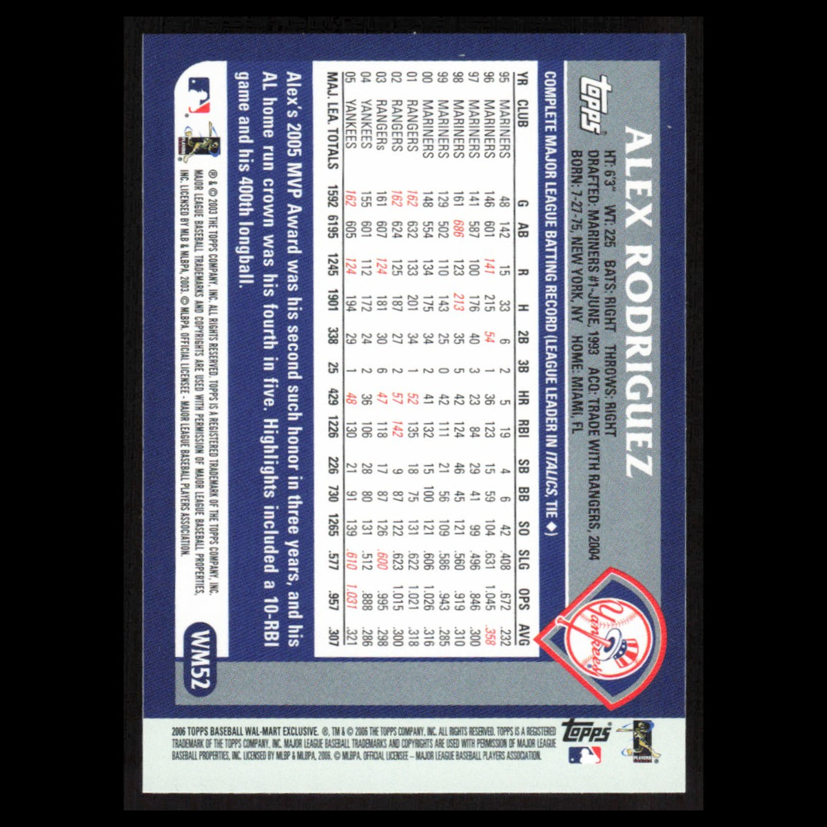 Alex Rodriguez #WM52 2006 Topps Walmart New York Yankees Baseball Card MLB NM