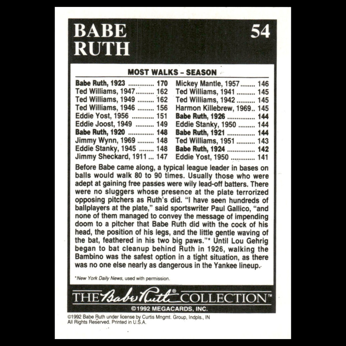 Babe Ruth #54 1992 Megacards Babe Ruth New York Yankees Baseball Card MLB NM