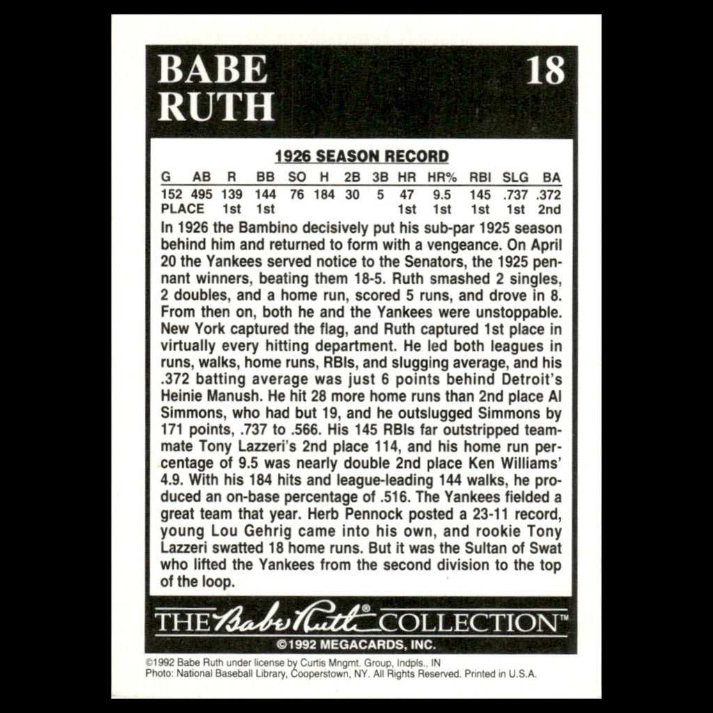Babe Ruth #18 1992 Megacards Babe Ruth New York Yankees Baseball Card MLB NM