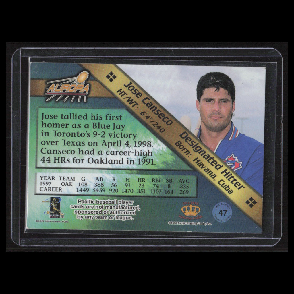 Jose Canseco #47 1998 Pacific Aurora Pennant Fever Toronto Blue Jays Baseball NM