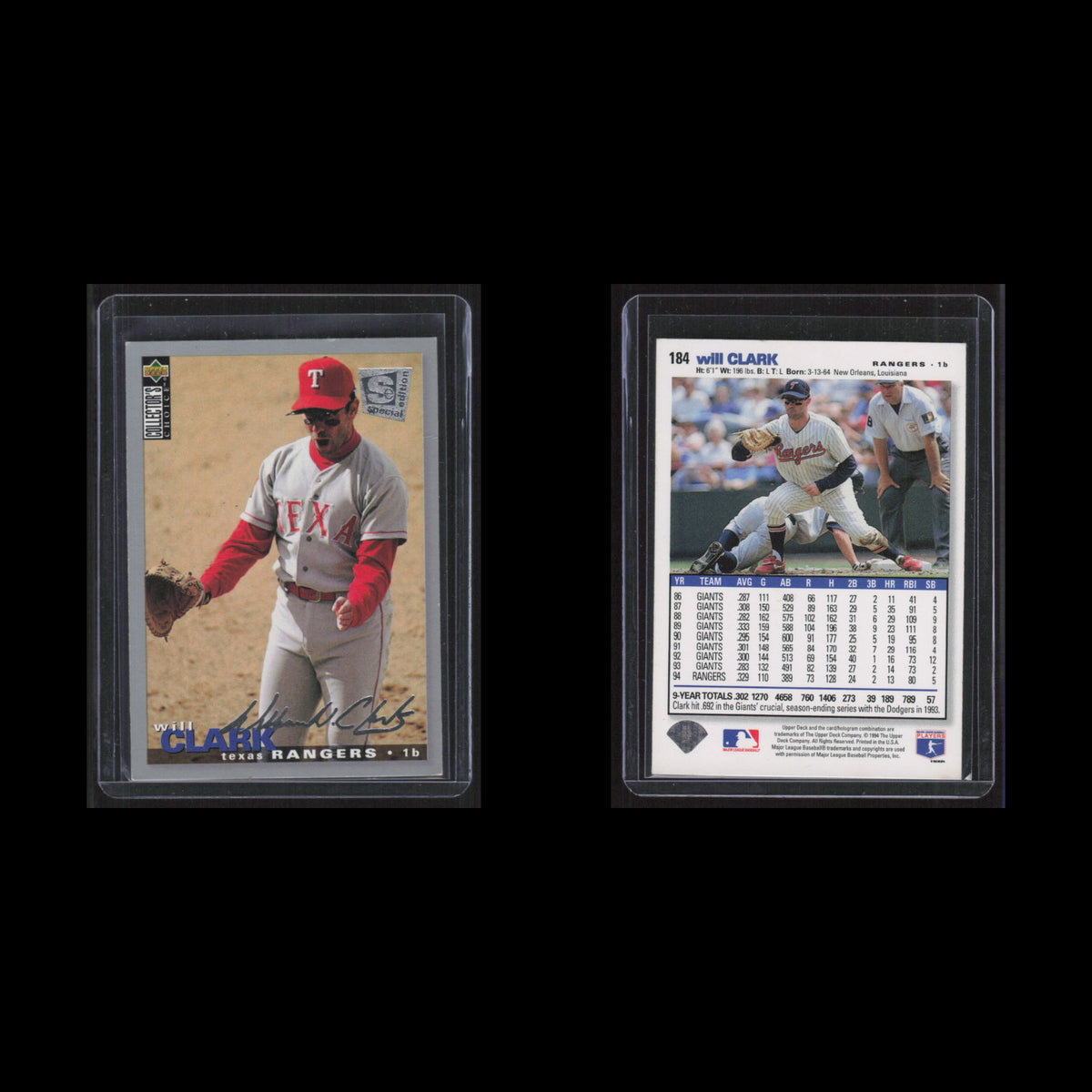 Will Clark #184 1995 Collectors Choice SE Silver Signature Texas Rangers Card NM