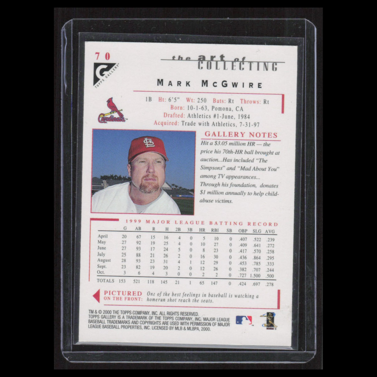 Mark McGwire #70 2000 Topps Gallery St. Louis Cardinals Baseball Card MLB NM