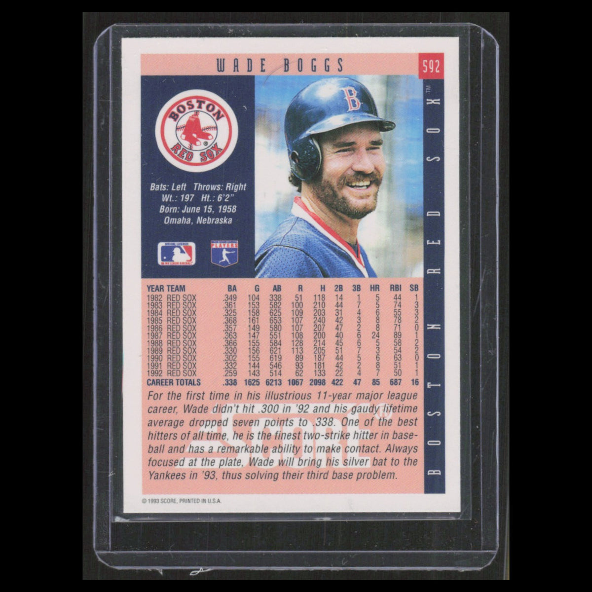 Wade Boggs #592 1993 Score Boston Red Sox Baseball Card MLB NM