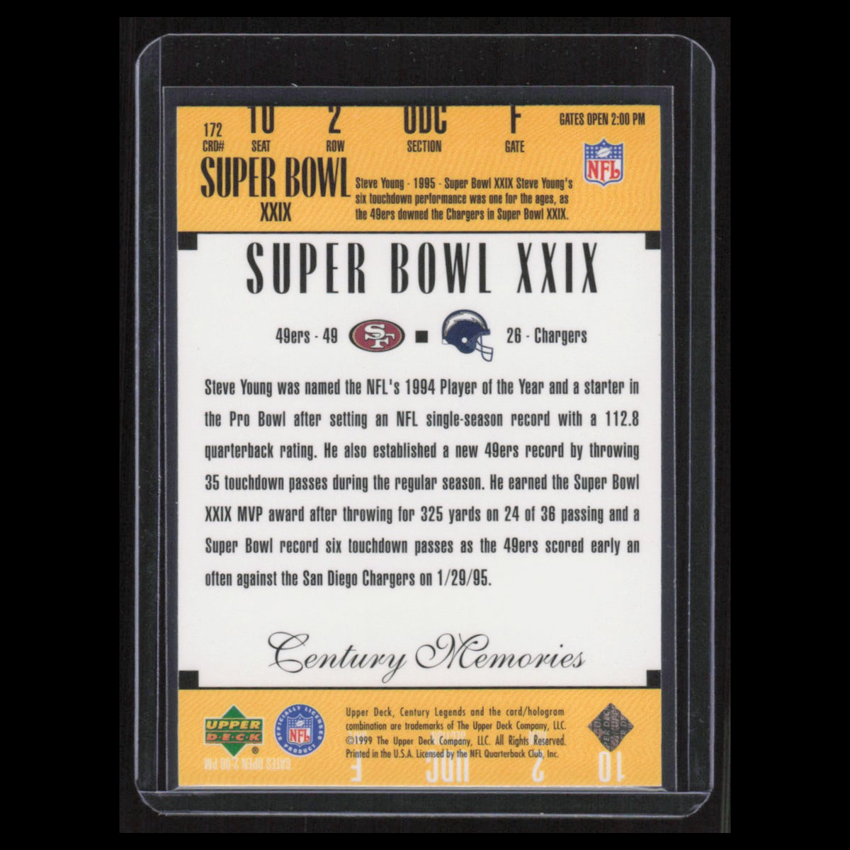 Steve Young #172 1999 Upper Deck Super Bowl XXIX San Francisco 49ers Football NM
