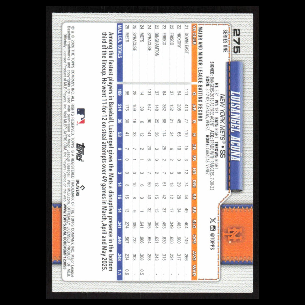 Luisangel Acuna #275 2026 Topps New York Mets Baseball Card MLB NM