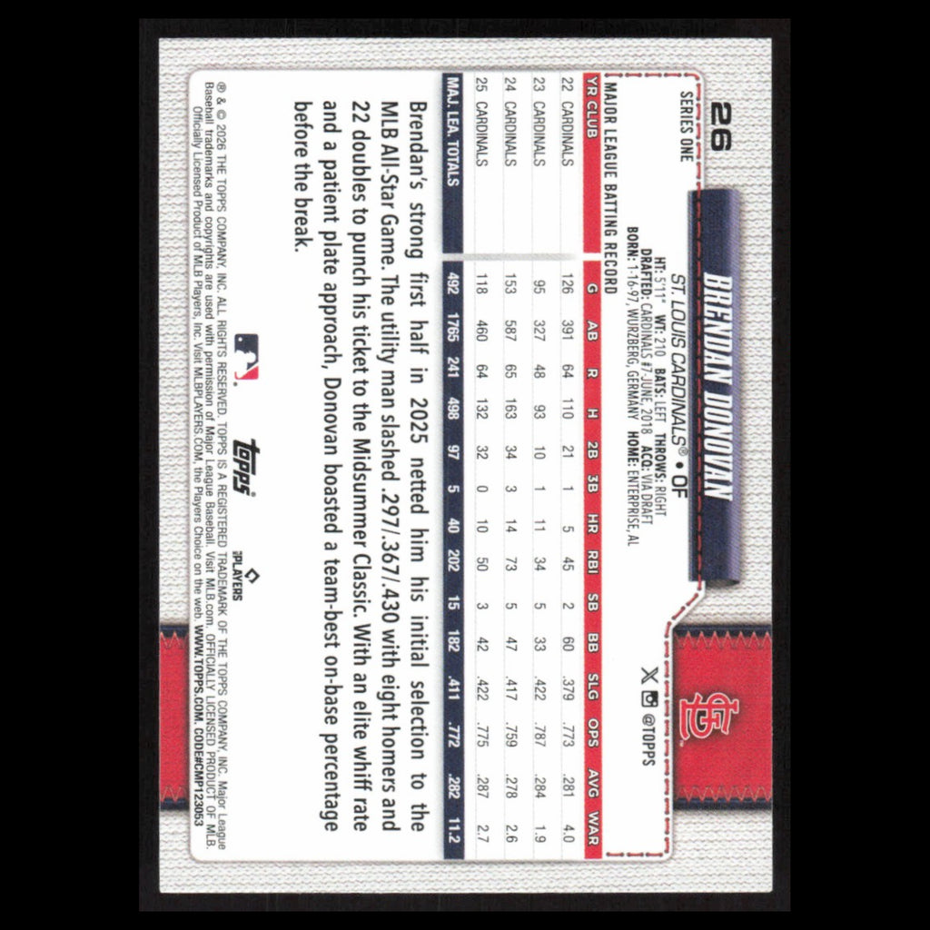 Brendan Donovan #26 2026 Topps St. Louis Cardinals Baseball Card MLB NM