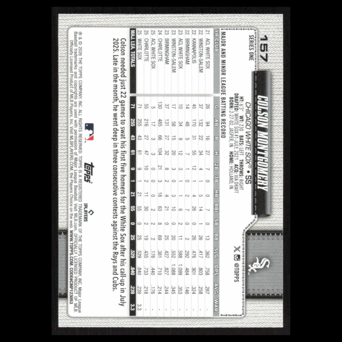 Colson Montgomery Rookie #157 2026 Topps Chicago White Sox Baseball Card MLB NM