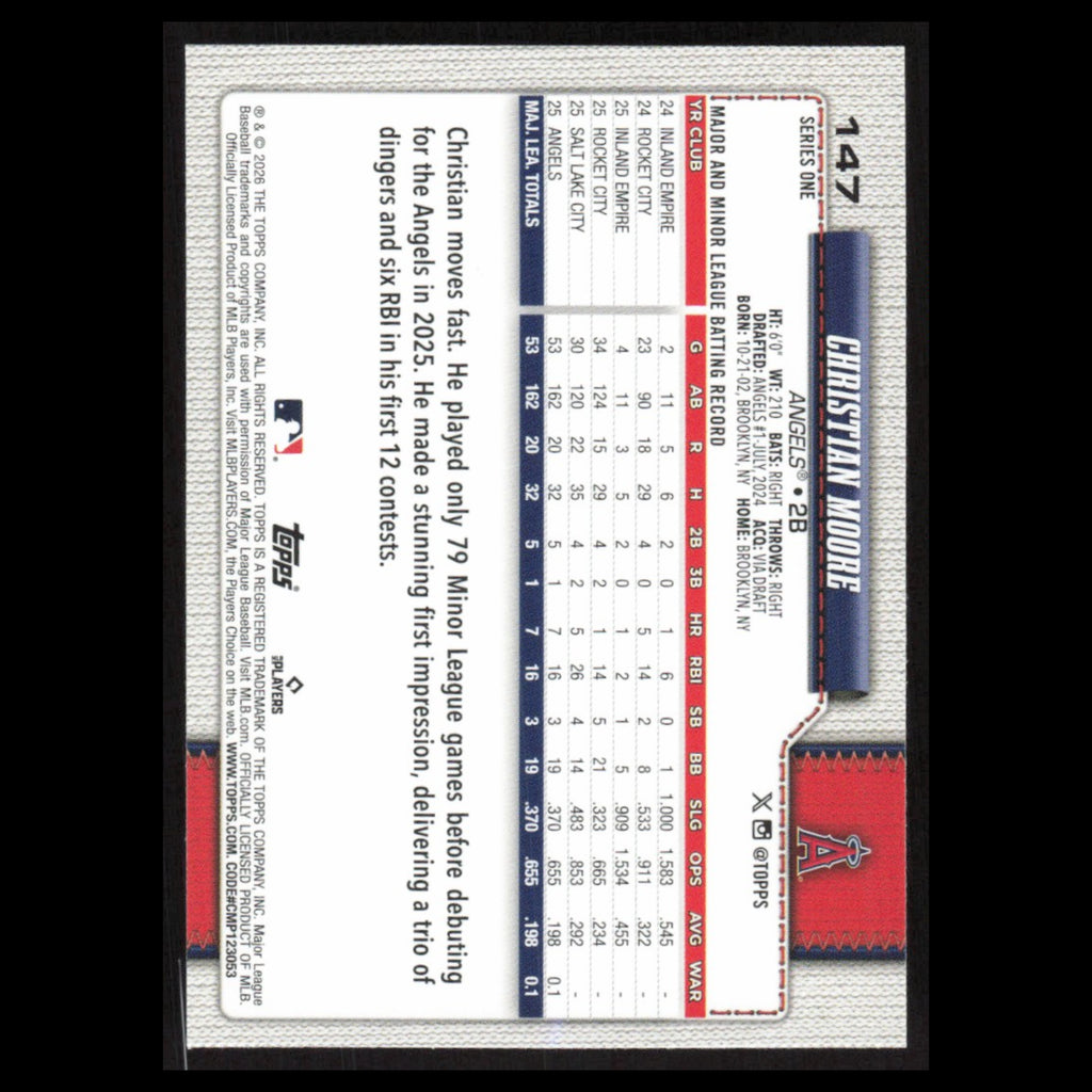 Christian Moore Rookie #147 2026 Topps Los Angeles Angels Baseball Card MLB NM