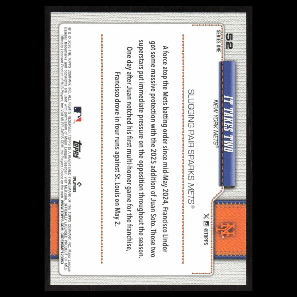 It Takes Two Lindor Soto #52 2026 Topps New York Mets Baseball Card MLB NM