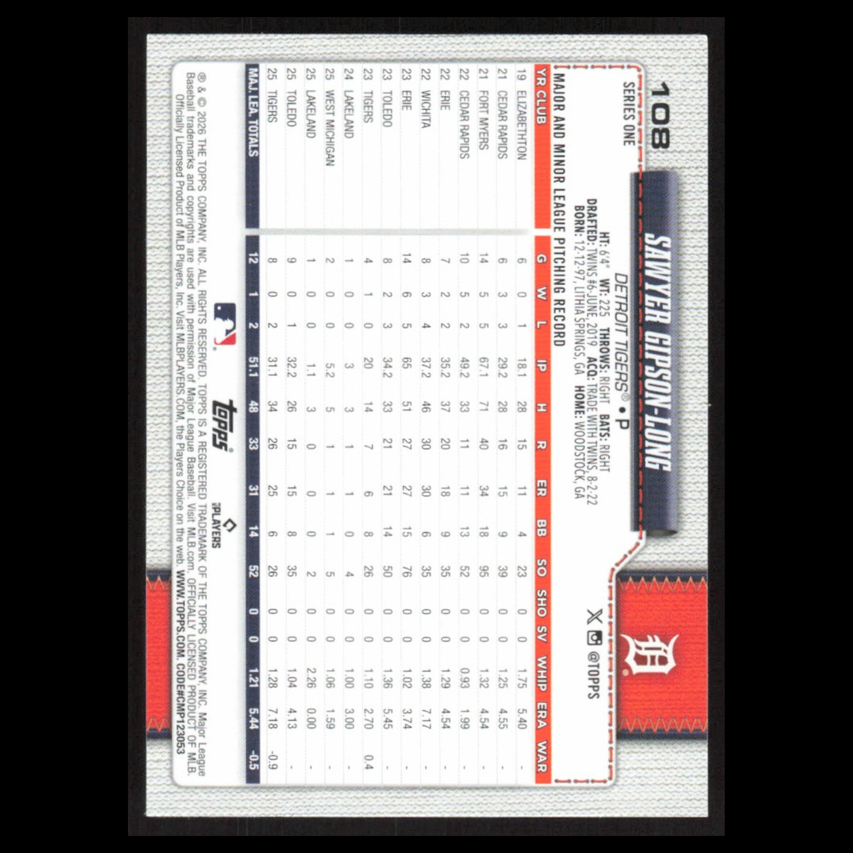Sawyer Gipson-Long #108 2026 Topps Detroit Tigers Baseball Card MLB NM