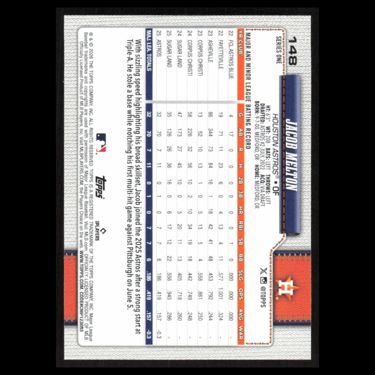 Jacob Melton Rookie #148 2026 Topps Houston Astros Baseball Card MLB NM