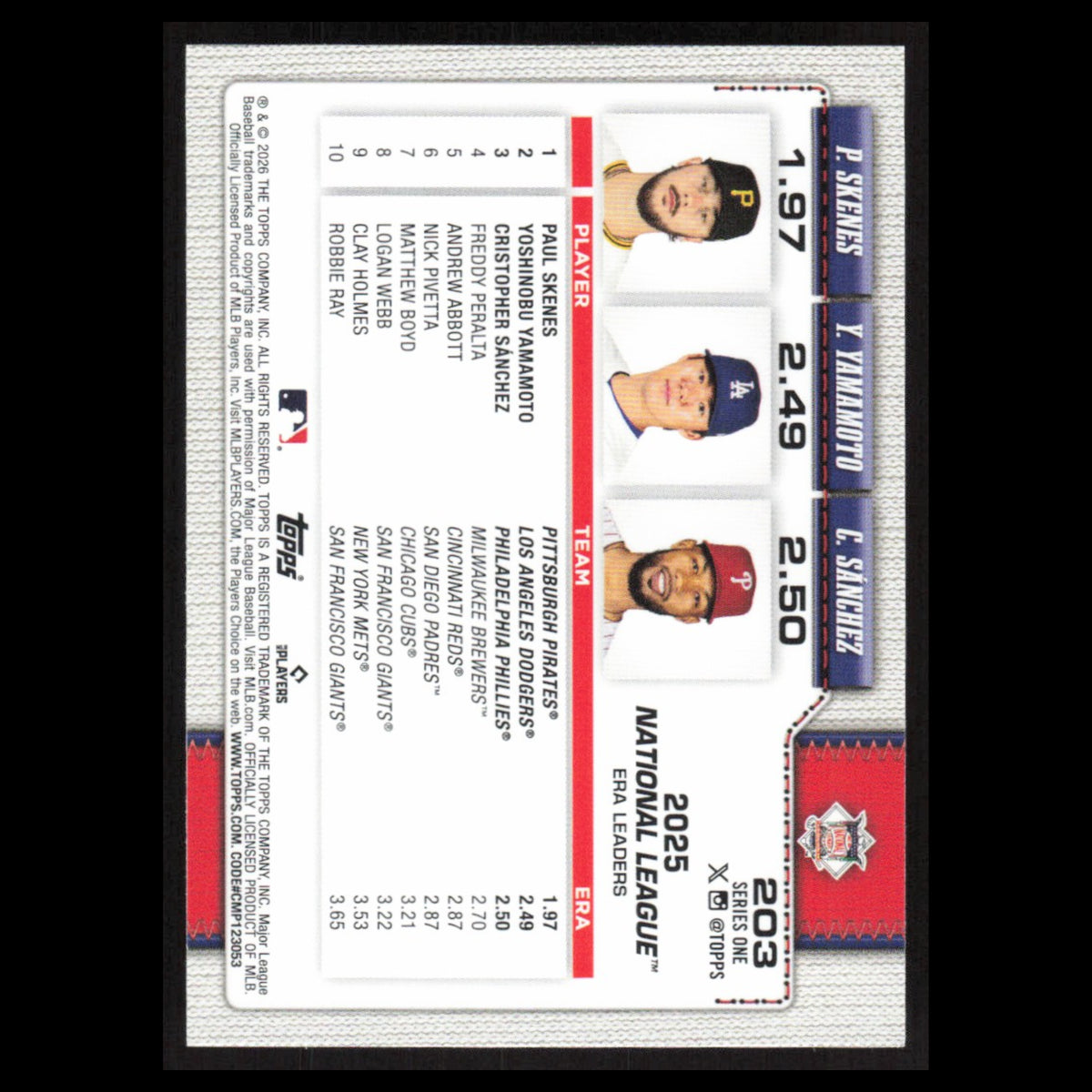 Paul Skenes Yamamoto #203 2026 Topps NL ERA Leaders Baseball Card MLB NM