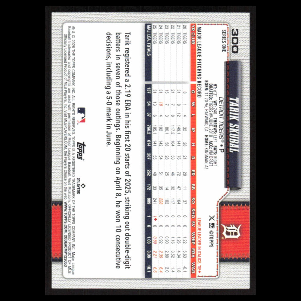 Tarik Skubal #300 2026 Topps Detroit Tigers Baseball Card MLB NM