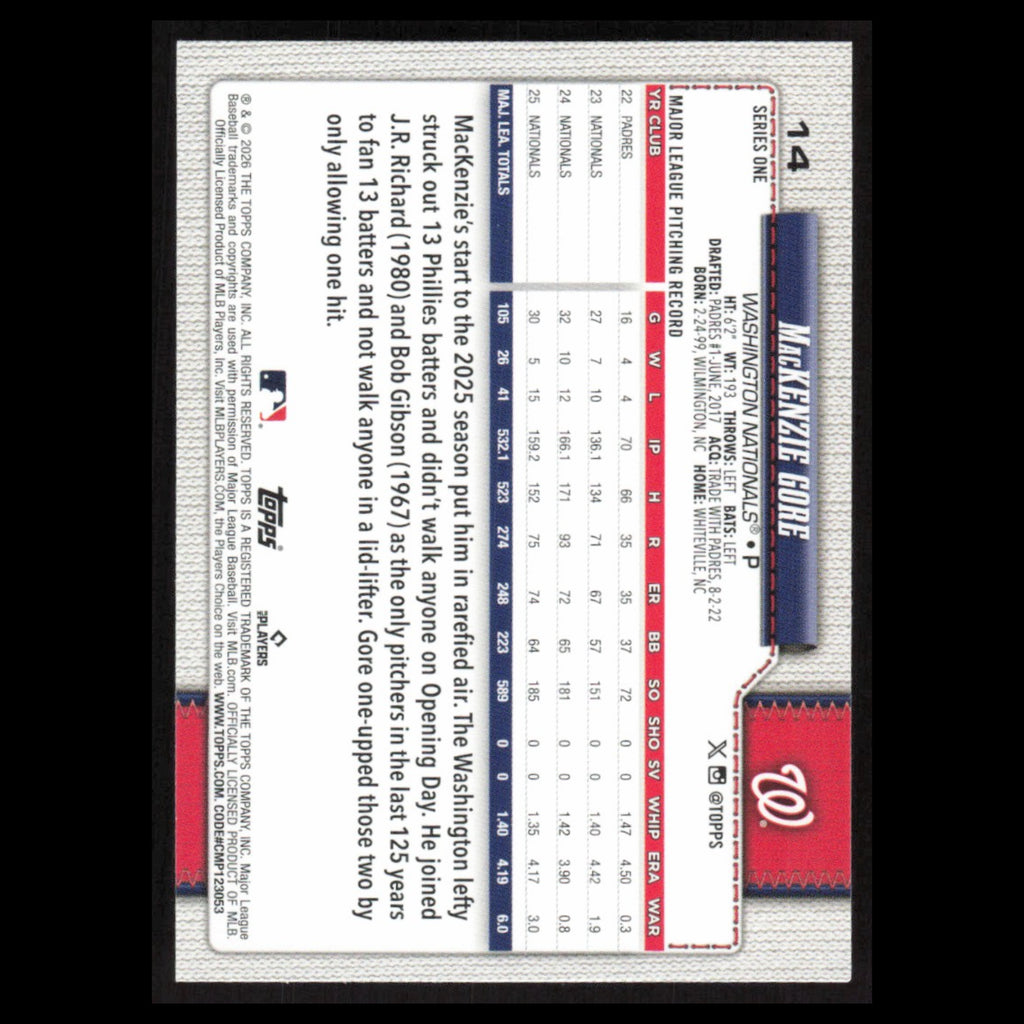 MacKenzie Gore #14 2026 Topps Washington Nationals Baseball Card MLB NM