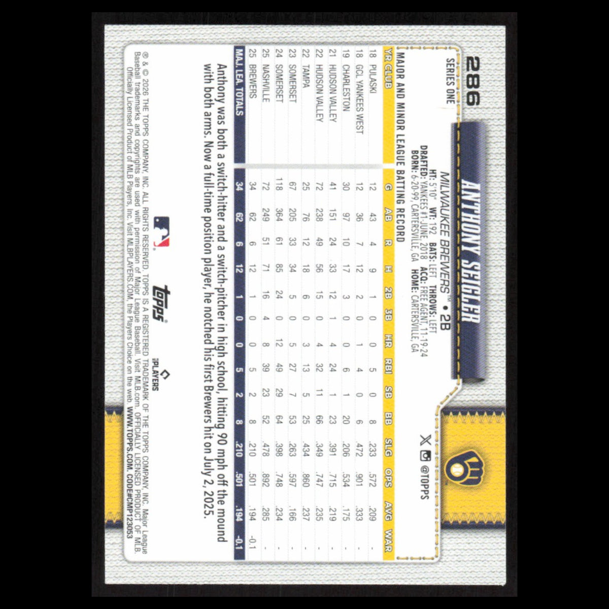 Anthony Seigler Rookie #286 2026 Topps Milwaukee Brewers Baseball Card MLB NM