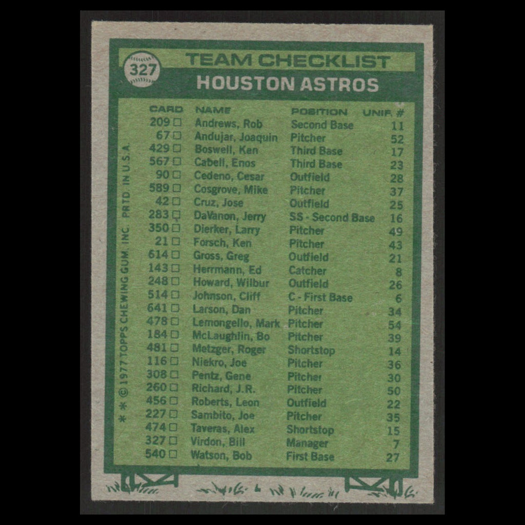 Houston Astros - Bill Virdon #327 1977 Topps Unmarked Checklist Baseball Card NM