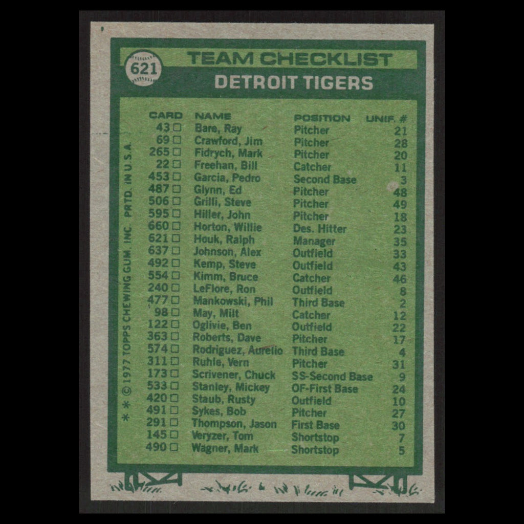 Detroit Tigers - Ralph Houk #621 1977 Topps Unmarked Checklist Baseball Card MLB