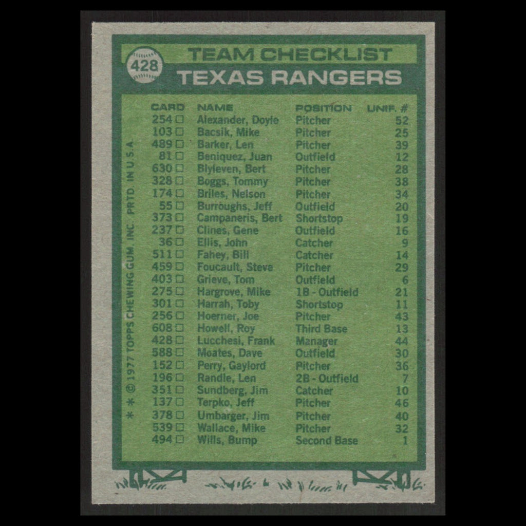 Texas Rangers - Frank Lucchesi #428 1977 Topps Unmarked Checklist Baseball Card