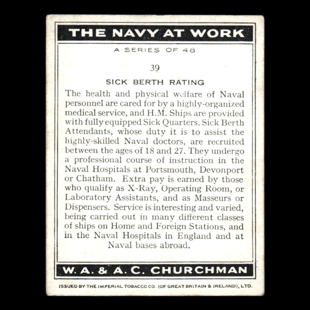 Sick Berth Rating #39 1937 Churchman Tobacco Card The Navy At Work