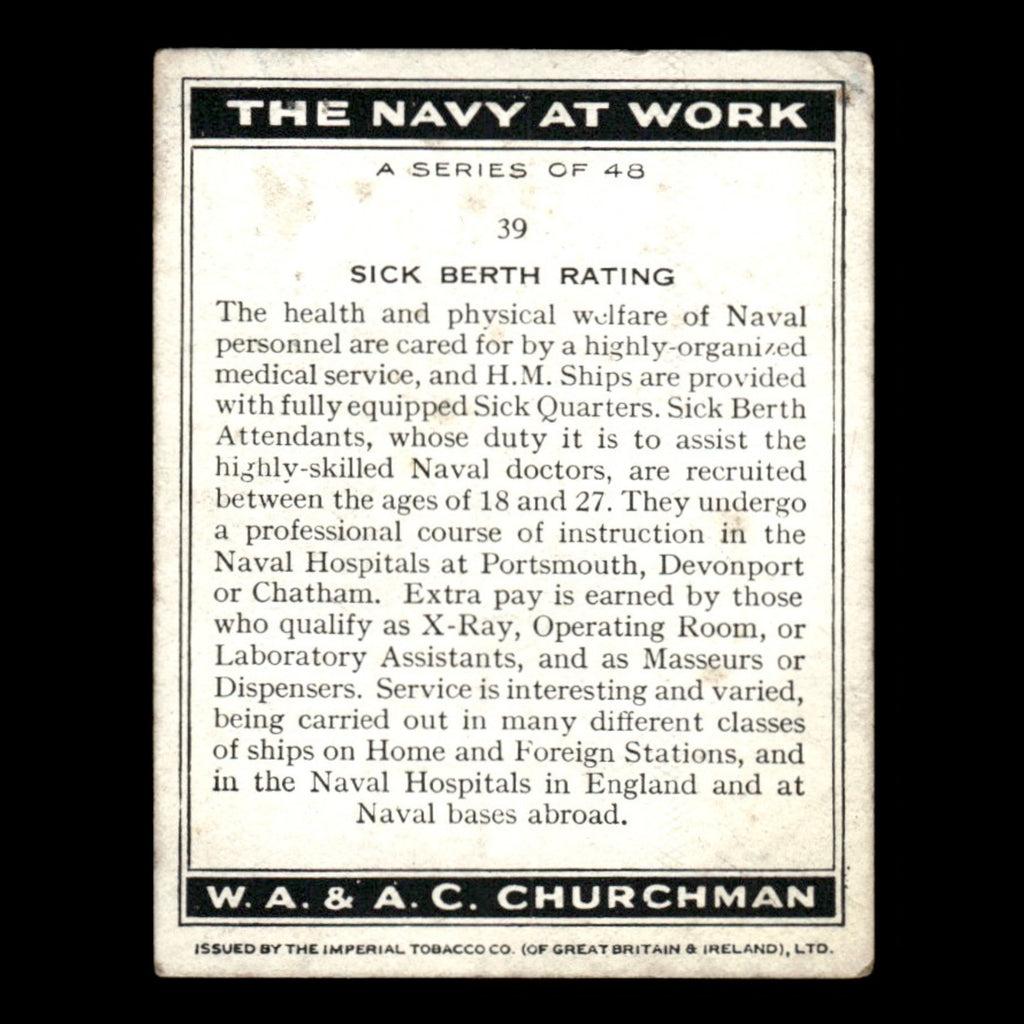 Sick Berth Rating #39 1937 Churchman Tobacco Card The Navy At Work