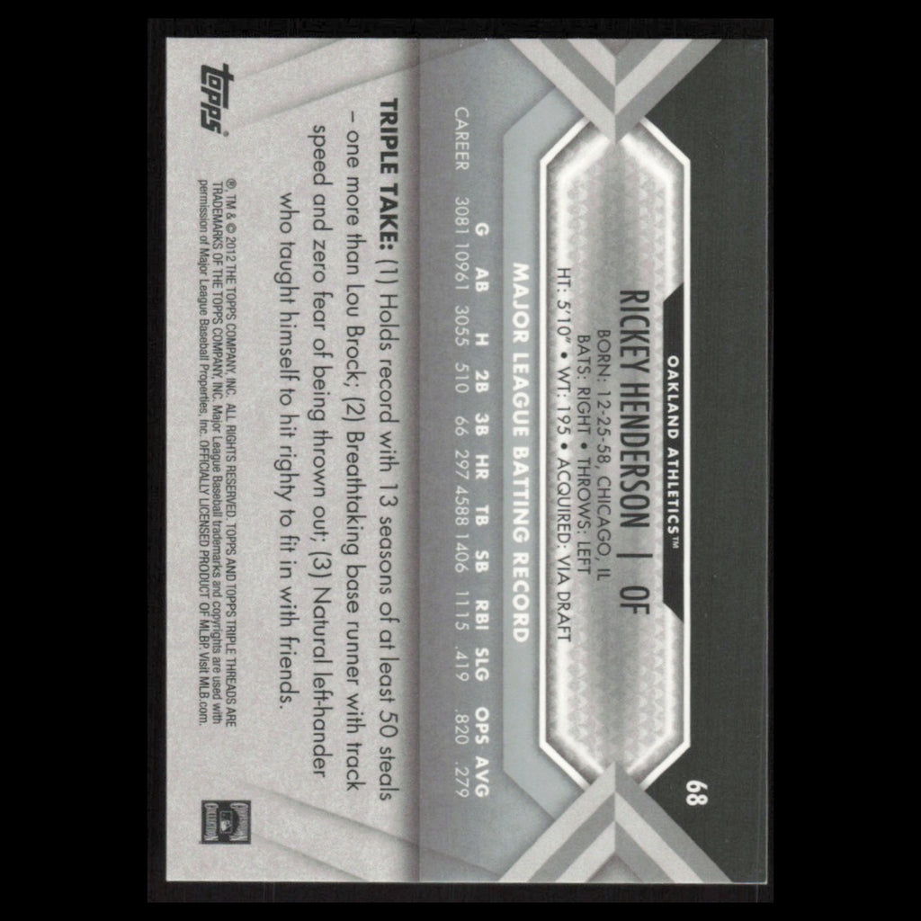 Rickey Henderson #68 2012 Topps Triple Threads Oakland Athletics Baseball Card