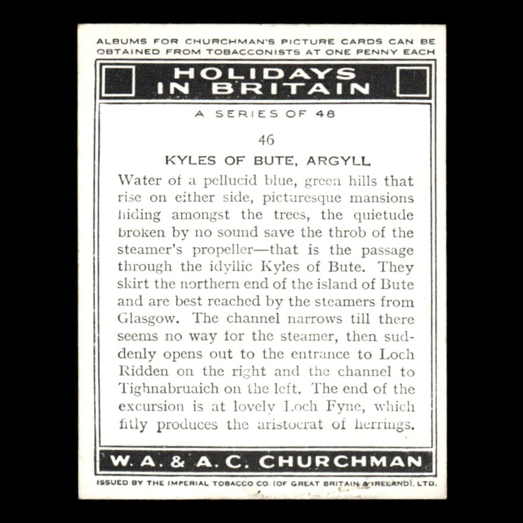Kyles of Bute Argyll #46 1938 Churchman Tobacco Card Holidays In Britain EX