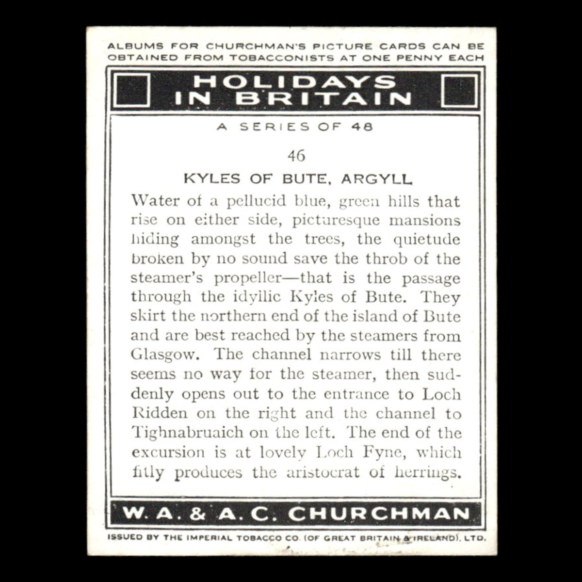 Kyles of Bute Argyll #46 1938 Churchman Tobacco Card Holidays In Britain EX