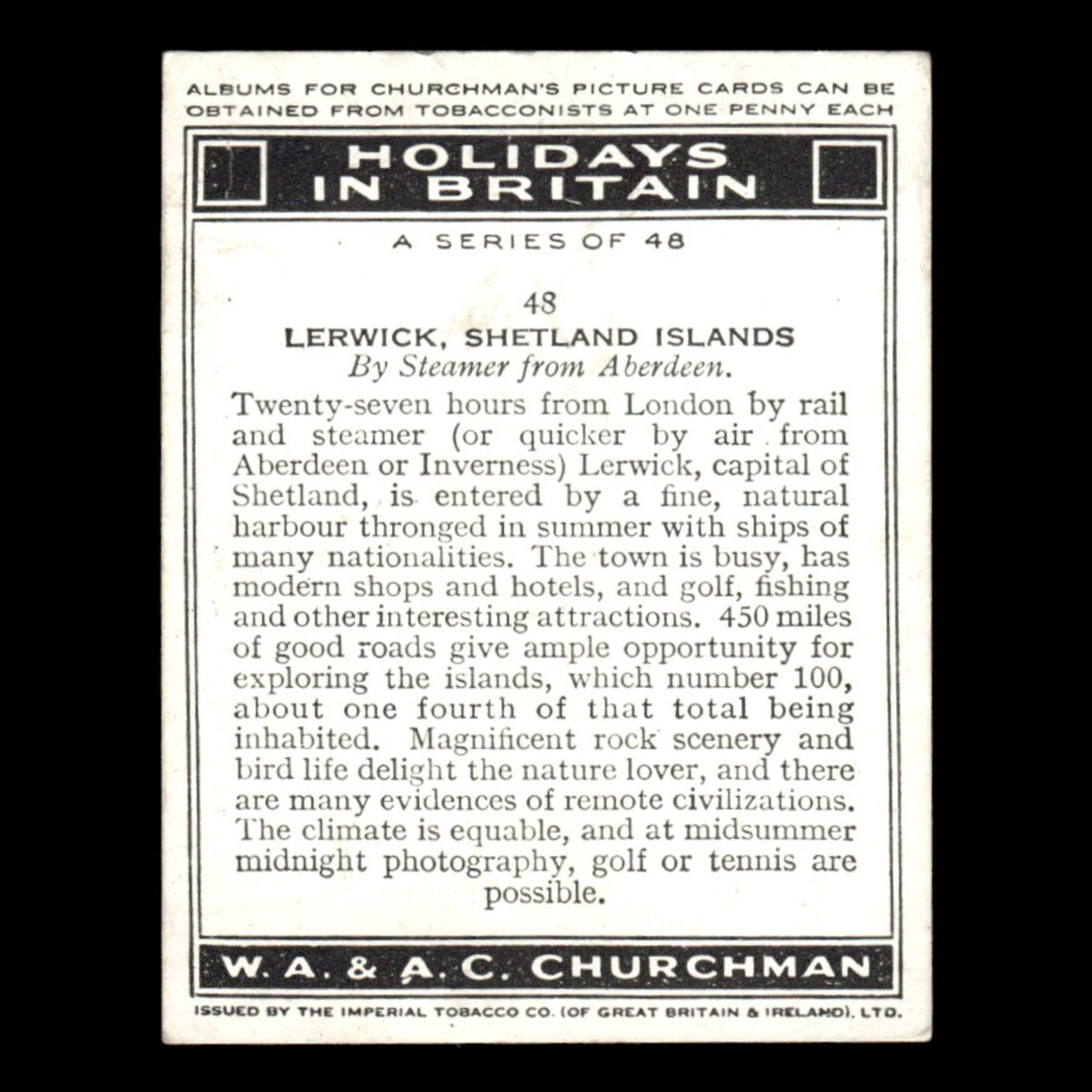 Lerwick Shetland Islands #48 1938 Churchman Tobacco Card Holidays In Britain