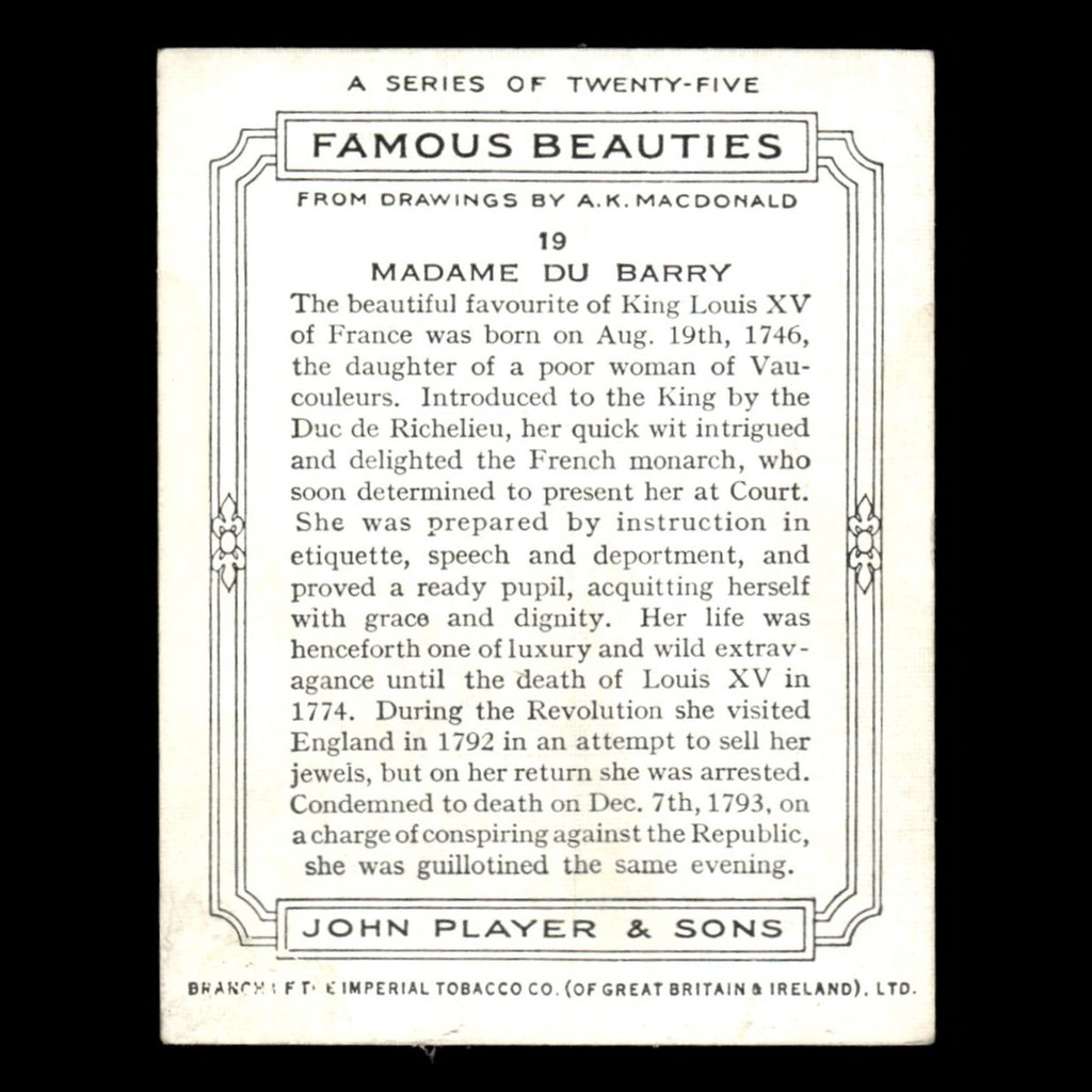 Madame Du Barry #19 1937 Players Cigarettes Tobacco Card Famous Beauties Card VG