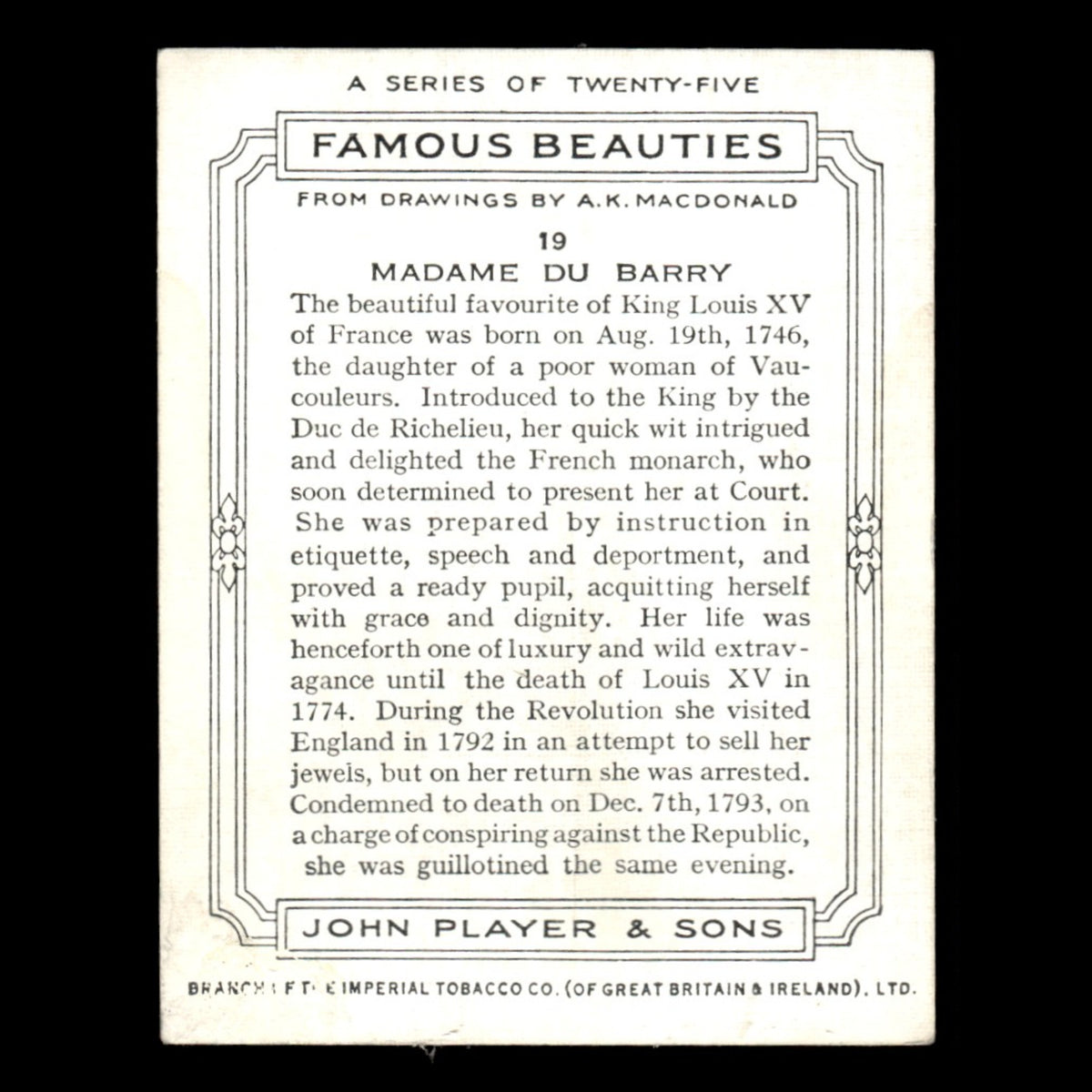 Madame Du Barry #19 1937 Players Cigarettes Tobacco Card Famous Beauties Card VG