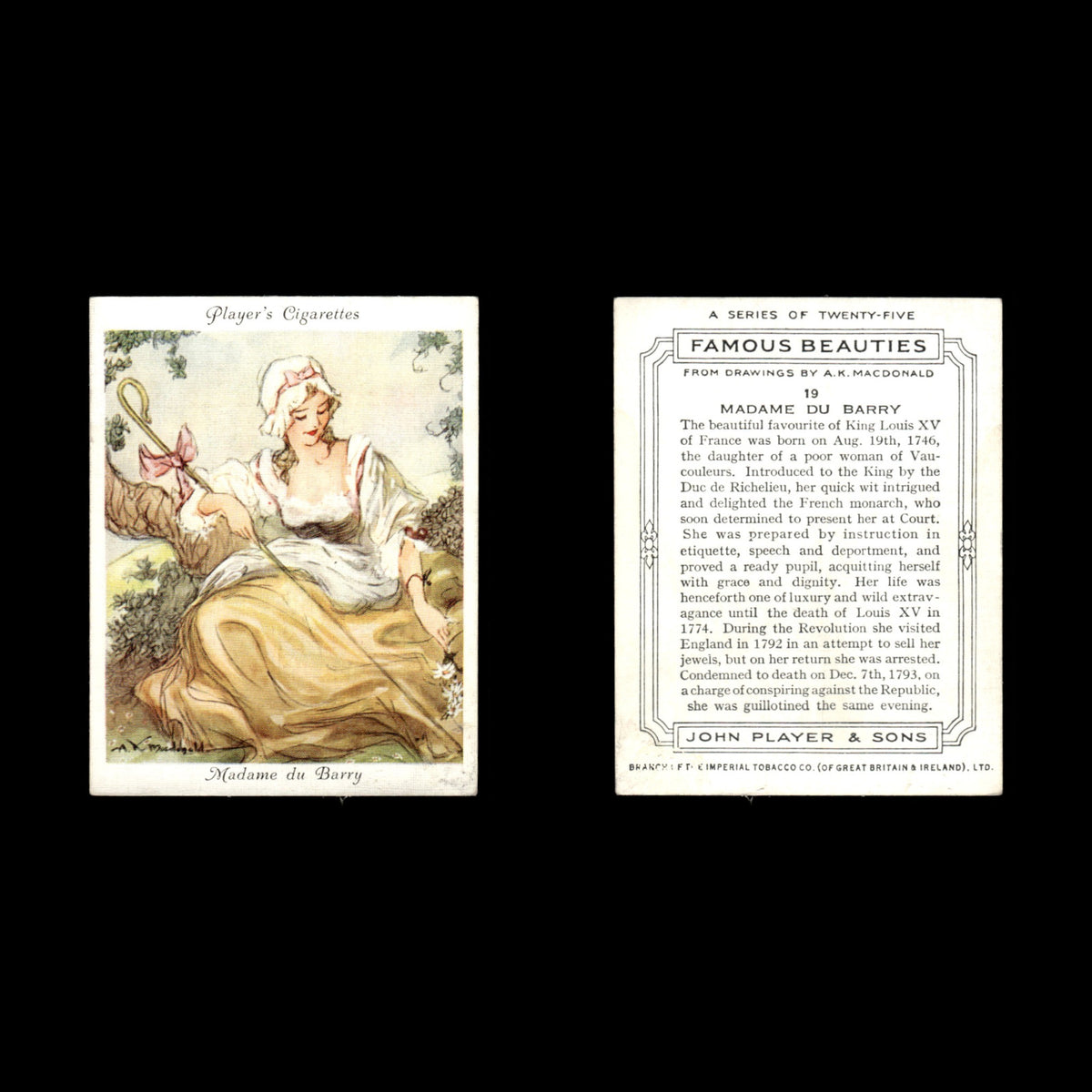 Madame Du Barry #19 1937 Players Cigarettes Tobacco Card Famous Beauties Card VG