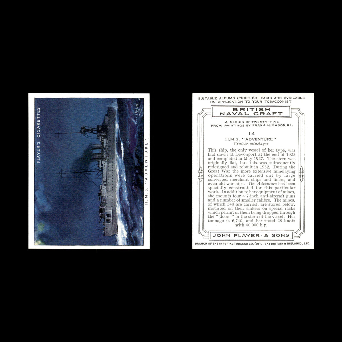 HMS Adventure #14 1939 Players Cigarettes British Naval Craft Tobacco Card Card