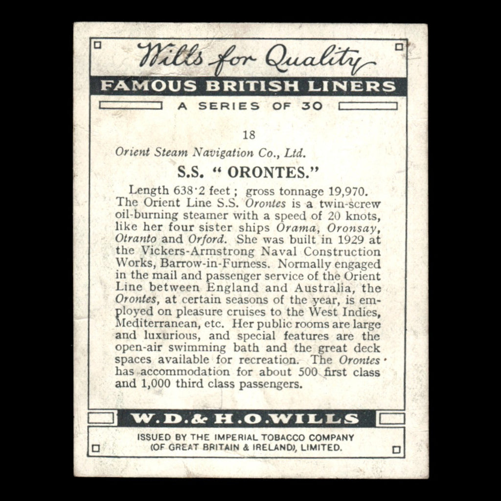 SS Orontes #18 1935 Wills Cigarettes Famous British Liners Tobacco Card Baseball