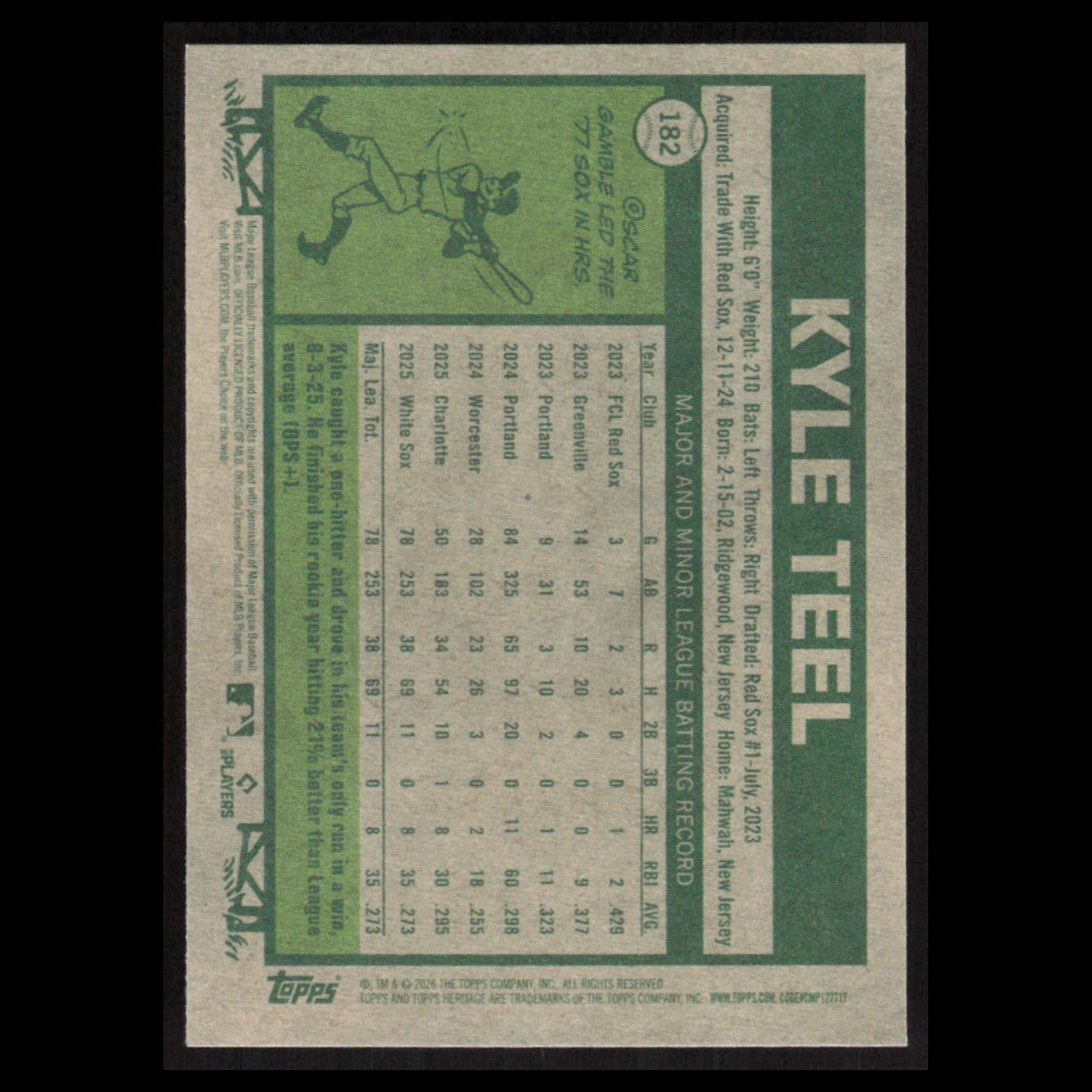 Kyle Teel Rookie #182 2026 Topps Heritage Chicago White Sox Baseball Card MLB NM